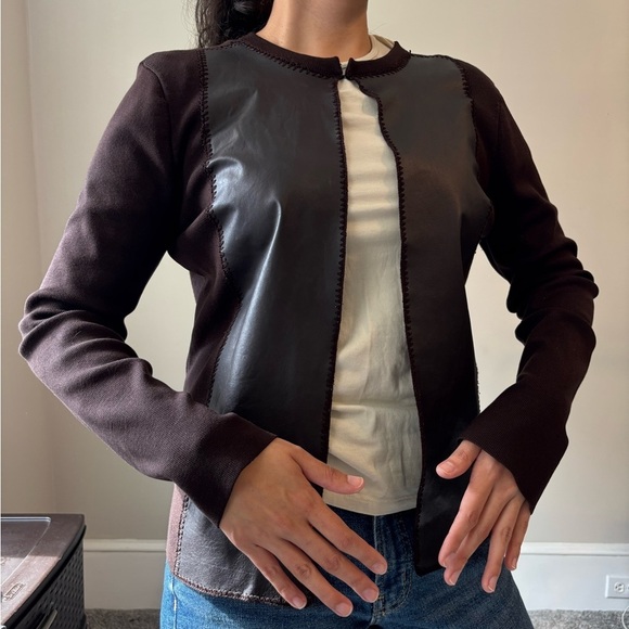 Sweaters - Y2K Preppy Leather Minimalist Silk Chocolate Brown Mocha Grunge Cardigan - Small